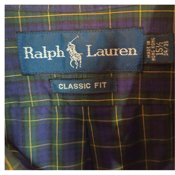 Ralph Lauren Classic Fit Button Down Shirt Men's Size 15.5 Blue Plaid Lng Sleeve - Picture 2 of 14